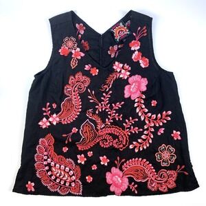 Johnny Was Cassia Tanks Womens Sz S Embroidered Pink Floral 100% Linen Button Bk